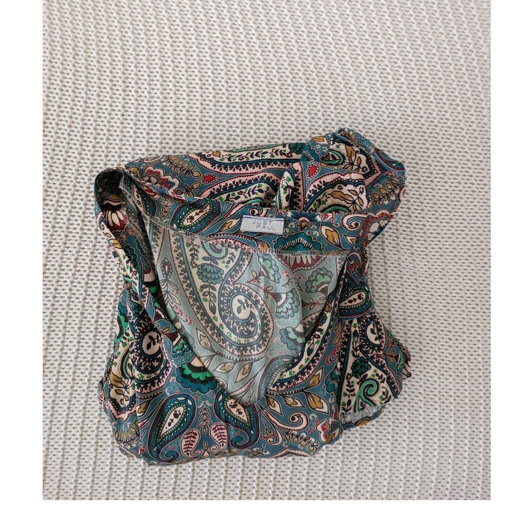 Just Paul Paisley Boho Mini Dress Teal V-Neck Bell Sv Ruffle Hem Poland Made - Picture 11 of 11
